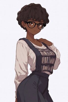 Black woman in book-print overalls