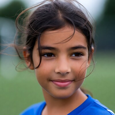 Smiling girl in blue soccer jersey