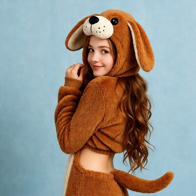 Girl in brown dog onesie costume