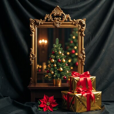 Gold Mirror with Christmas Tree and Gifts