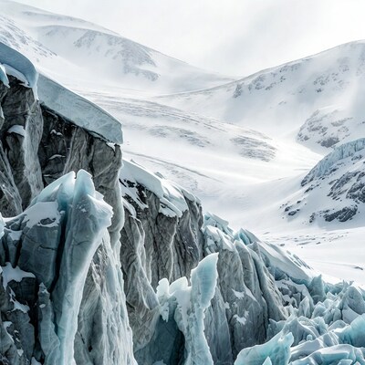 Massive glacier with snow-covered mountains