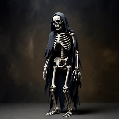 Hooded Skeleton Standing in Dark