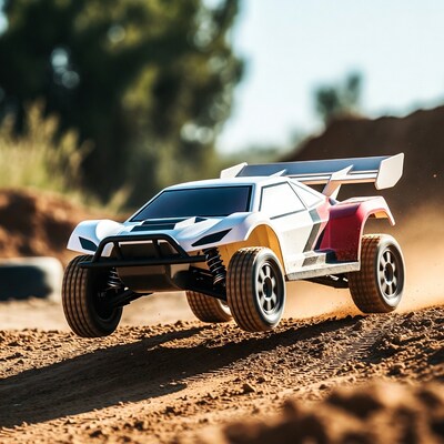 White RC Buggy Racing on Dirt Track