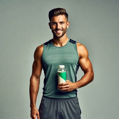 Muscular man holding green shaker bottle
