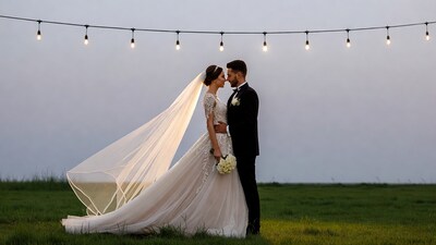 Bride and groom kissing under string lights