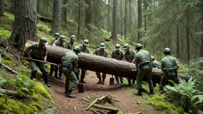 Foresters carrying log in forest