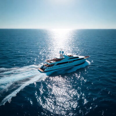 White luxury yacht speeding on ocean