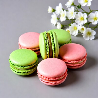 Colorful Macarons with White Flowers