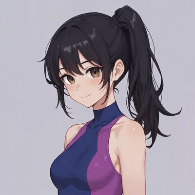 Anime girl with ponytail in blue purple top