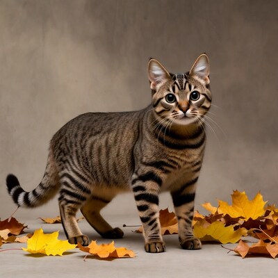 Tabby Kitten Standing in Autumn Leaves