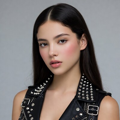 Woman in studded leather vest