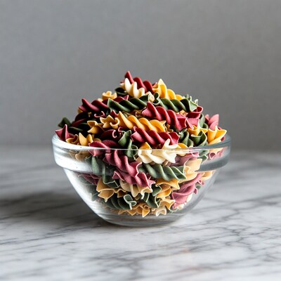 Colorful Rotini Pasta in Glass Bowl