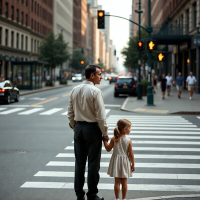 Father and daughter at crosswalk
