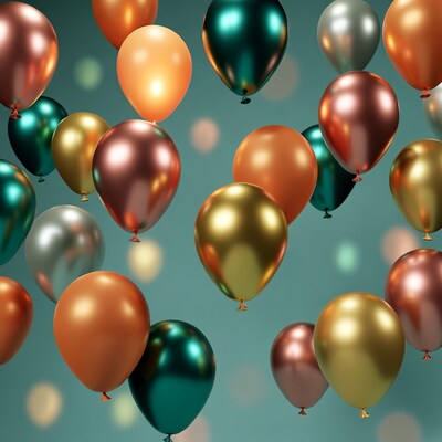 Metallic Balloons Floating on Teal Background
