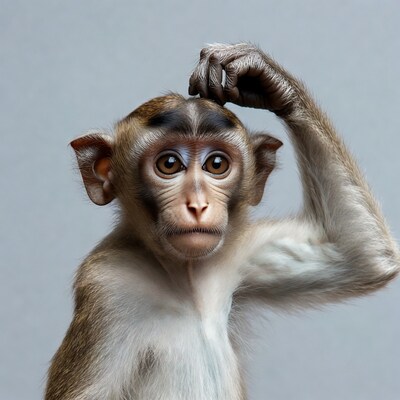 Monkey scratching head on gray background