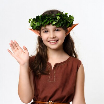 Girl waving in elf costume