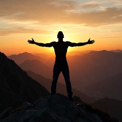 Silhouette man arms outstretched sunset mountain