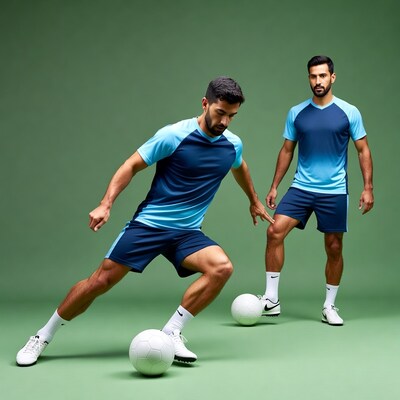 Two men kicking soccer ball