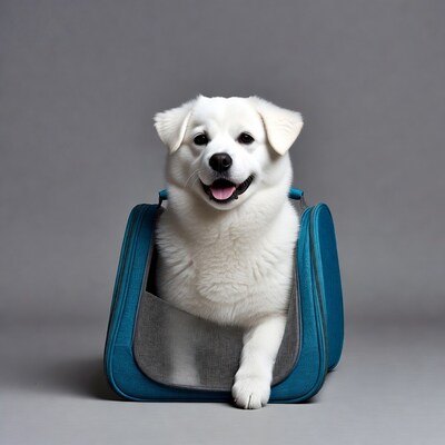 White puppy in blue pet carrier