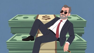 Cartoon man lounging on money stacks