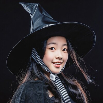 Asian girl in witch hat smiling