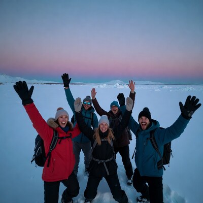 Group raising hands on snowy Arctic landscape
