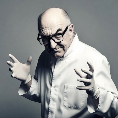 Bald man in lab coat with gloves