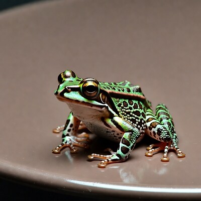 Green tree frog on brown surface