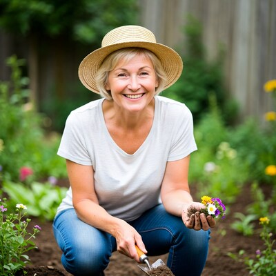 Senior woman gardening with flowers