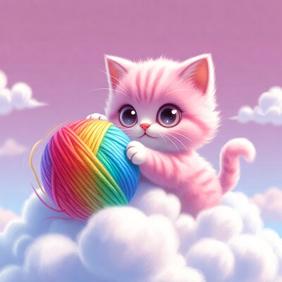 Pink Kitten Holding Rainbow Yarn Ball