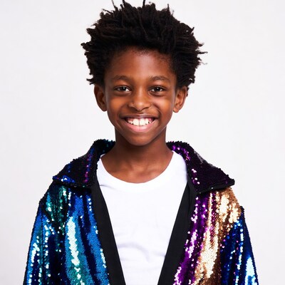Smiling Black boy in sequin jacket