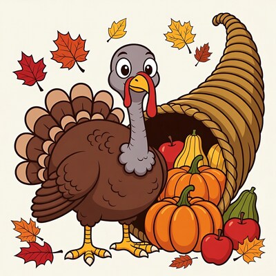 Cartoon Turkey with Thanksgiving Cornucopia