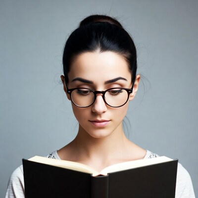 Woman reading book with glasses