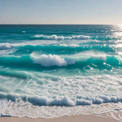 Turquoise Ocean Waves Crashing on Beach