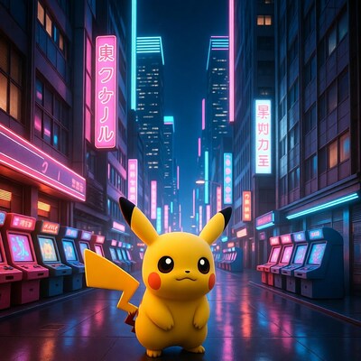 Pikachu in neon cyberpunk city