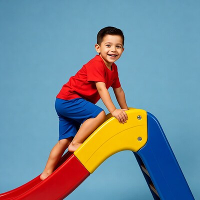 Boy climbing colorful playground slide