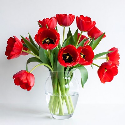 Red Tulips in Clear Glass Vase