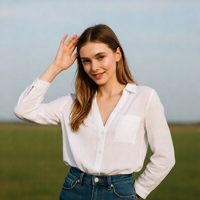 Woman hand on head in field