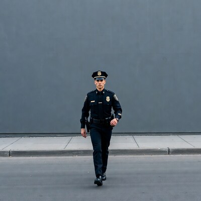 Policeman walking on street