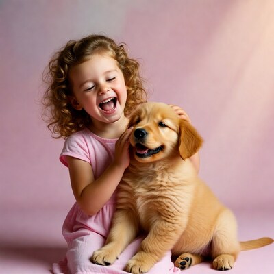Girl hugging golden retriever puppy