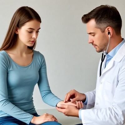 Doctor examining young woman's wrist