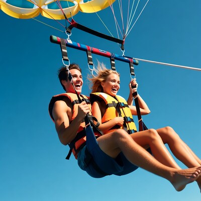 Couple parasailing over ocean