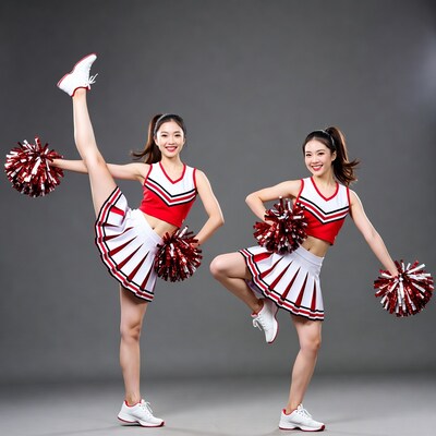 Asian cheerleaders doing high kicks