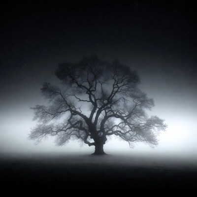 Solitary Tree in Foggy Night Field