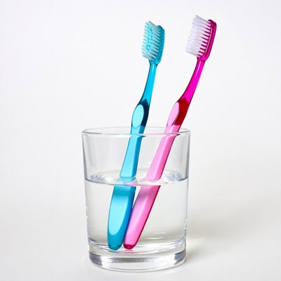 Blue and pink toothbrushes in glass
