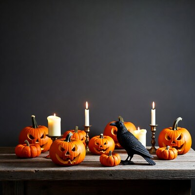 Jack-o'-lanterns with Raven and Candles
