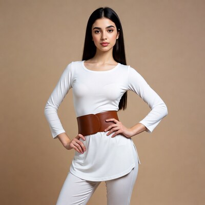 Woman in white outfit with brown belt