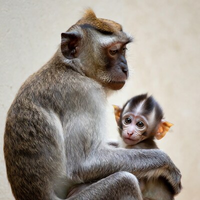 Mother macaque holding baby monkey