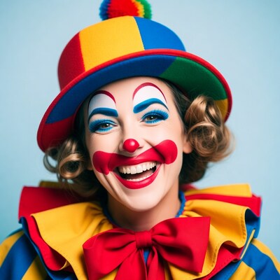 Smiling female clown in colorful costume
