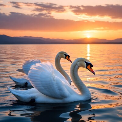 Two Swans Swimming at Sunset Lake